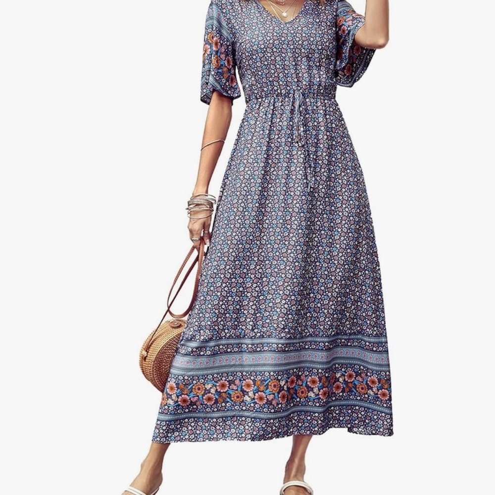 Elegant Bohemian Blue Floral Maxi Dress Size XL Short Sleeve V Neck